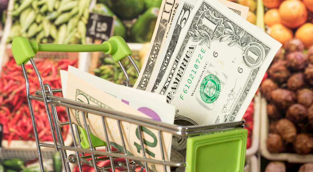 Shopping trolleys, dollars of money and groceries